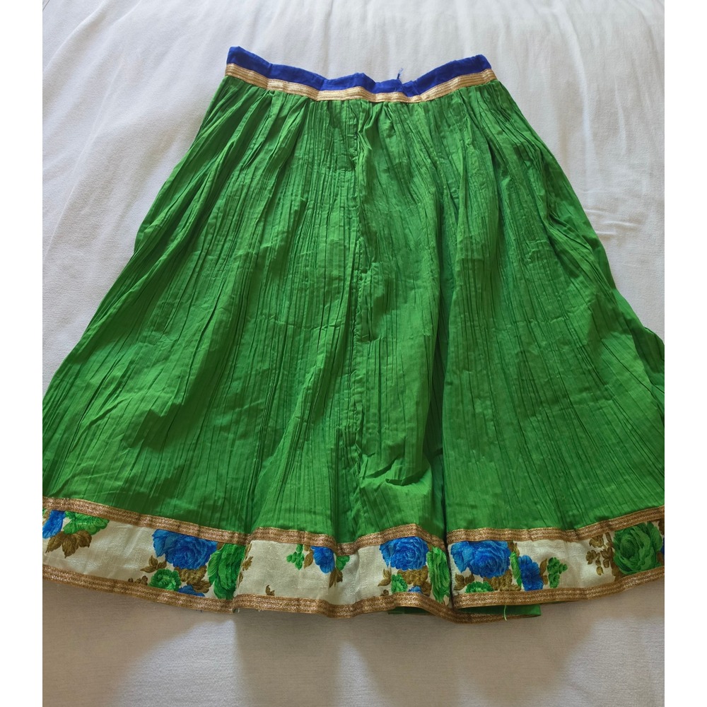 Traditional Indian Maxi Skirt Green Crinkle Floral Gold Trim with Tie Waist